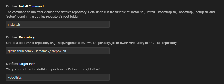 Image showing the settings section for dotfiles in the configuration of the Dev container plugin