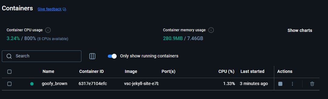 Image showing the Container view of Docker Desktop with one running container