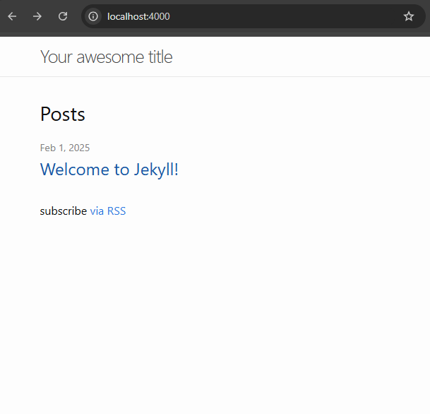 Image showing a browser displaying the default page generated by Jekyll
